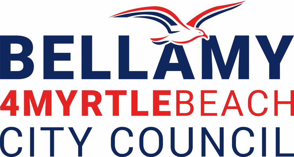 Bellamy Campaign logo features a stylized bird above bold blue and red text reading "BELLAMY 4MYRTLEBEACH CITY COUNCIL," highlighting Bellamy's commitment to Myrtle Beach. Myrtle Beach