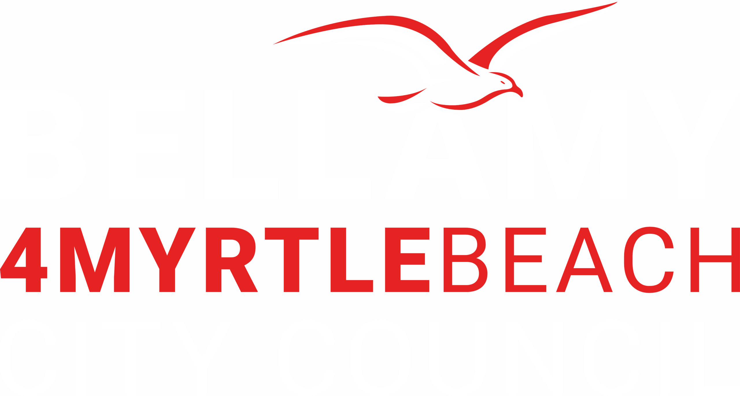 Bellamy Campaign logo featuring a stylized seagull above “BELLAMY 4 MYRTLE BEACH CITY COUNCIL” in bold white and red capitals, representing Bellamy’s commitment to Myrtle Beach on a light background. Myrtle Beach
