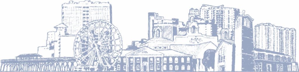 Bellamy Line drawing of a Myrtle Beach cityscape featuring a Ferris wheel, tall buildings, and a classical building with columns in the foreground—an iconic view often seen in Myrtle Beach City Council materials. Myrtle Beach