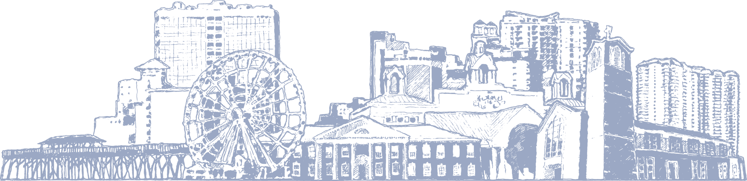 Bellamy Line drawing of a Myrtle Beach cityscape featuring a Ferris wheel, tall buildings, and a classical building with columns in the foreground—an iconic view often seen in Myrtle Beach City Council materials. Myrtle Beach