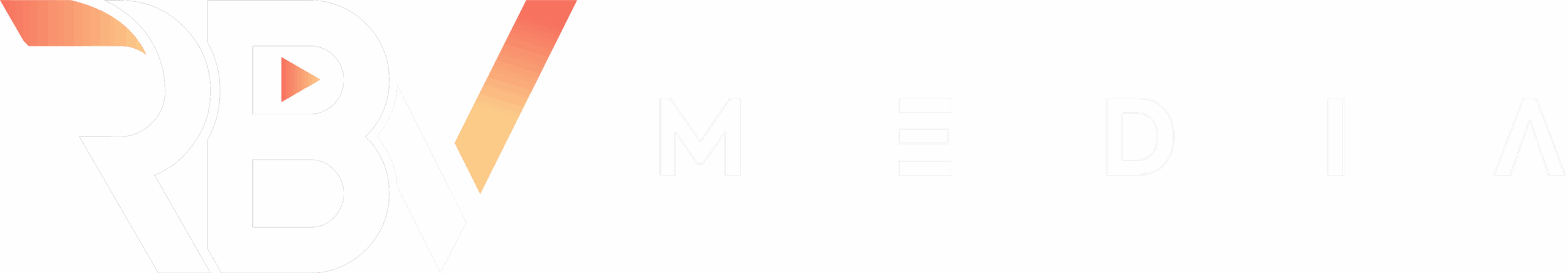 Bellamy Logo with large stylized letters "RBV" in a white and orange gradient, and the word "MEDIA" in smaller, faint white letters on a light gray background, inspired by Myrtle Beach City Council branding. Myrtle Beach